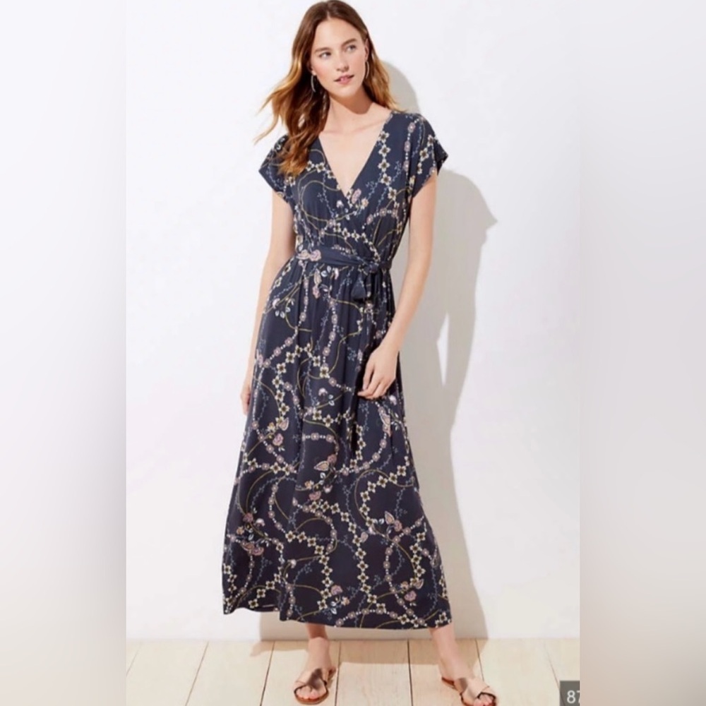 LOFT PLUS 14 Flower Chain Faux Wrap Maxi Summer Dress Gray Floral‎ V-neck Office